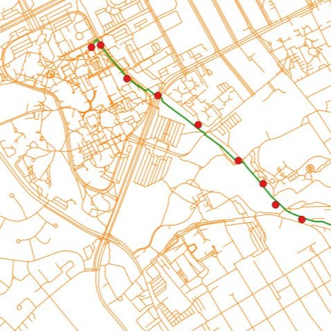 A road map showing a tracked route